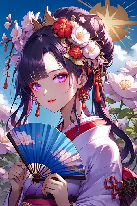 Girl with a flower on her head holding a fan , exquisite digital illustration, Beautiful Artwork Illustrations,   Sunbathing Flower Garden  , beautiful digital art standing under a star,  An Asian woman wearing a traditional costume is taking a photo behin...