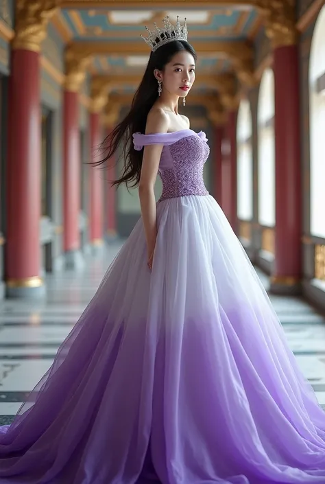  korean babe , wearing a long princess dress, colored purple gradation white, standing in a lavish and grand palace wearing a crown