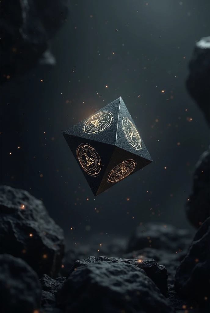 A black dice in darkness with shiney points 