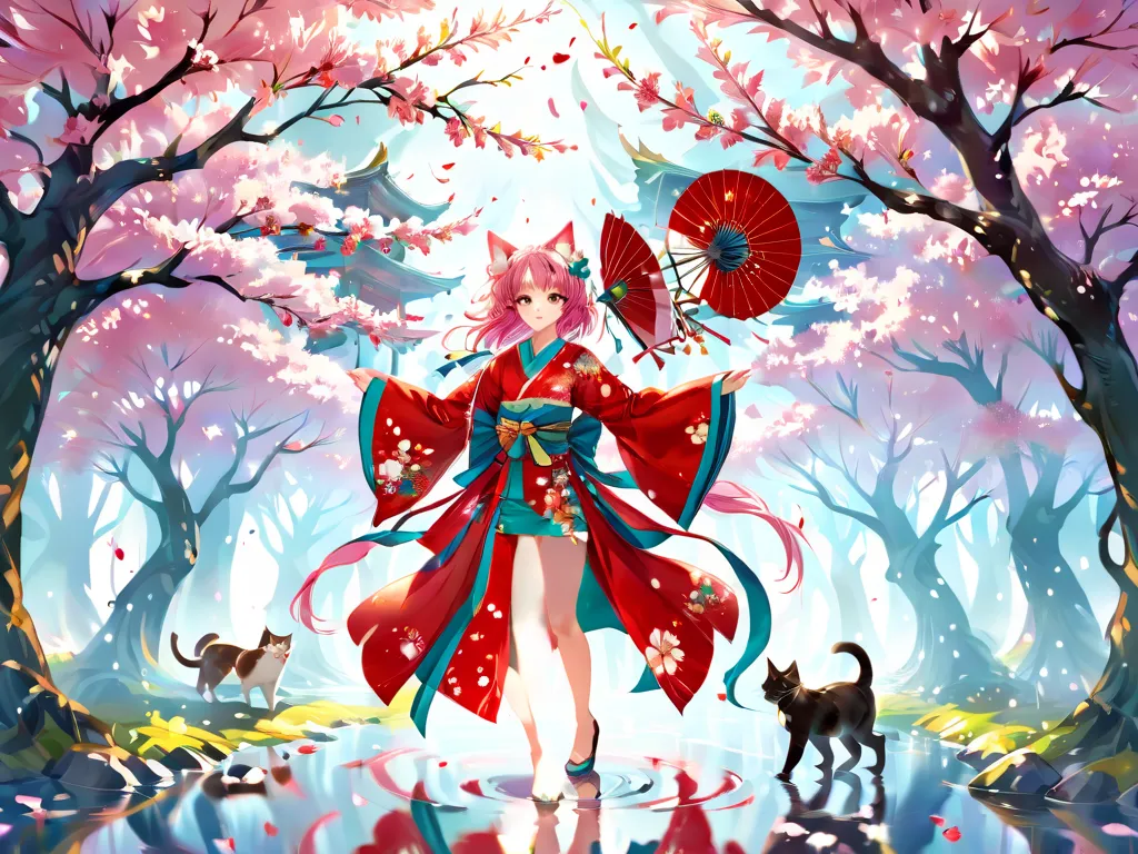 (full body:1.3), An anime-style illustration of a beautiful girl with big, expressive eyes and flowing, detailed hair. A girl with pink bob hair and cat ears and violet eyes. She wears a traditional kimono with intricate floral patterns, standing under a g...