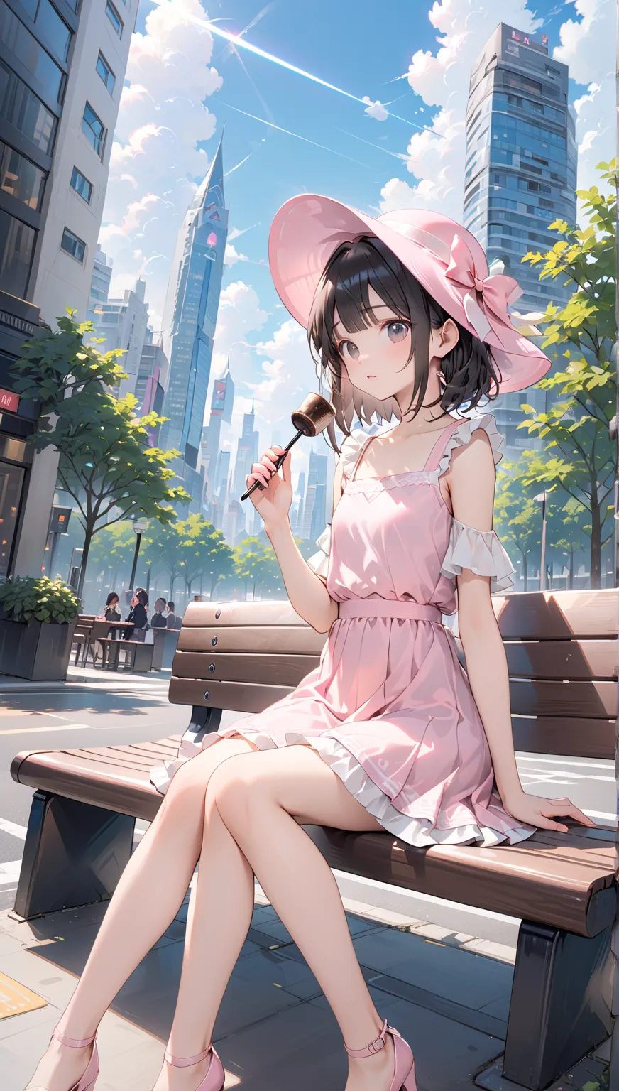 ( best quality ,  high resolution ,  Textured skin , high quality, high detail,  extremely detailed CG unity), age girl ，obsessed， Have Fun ，Black short hair，Black Eyes，pink hat ，cute，Multi-layered ruffles，Lace，Beautiful patterns，Dress nicely，pink modern c...