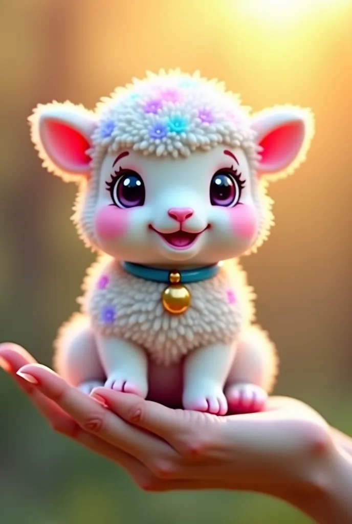 hyper-realistic, ultra-cute lamb puppy hybrid with soft, fluffy fur in pastel rainbow colors. The lamb-puppy has a soft pink hue inside its ears and a joyful expression. It is wearing a small blue collar with a golden pendant and is perched on a human hand...