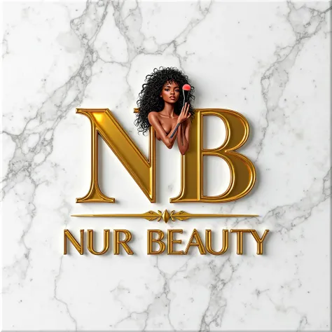 A 2D logo on a white granite wall featuring the initials 'NB' in a golden color with a glass-like shine. Below the initials, the name 'Nur Beauty ' is written in gold, followed by the slogan '' in the same color. Above the text, there is a symbol of an Afr...