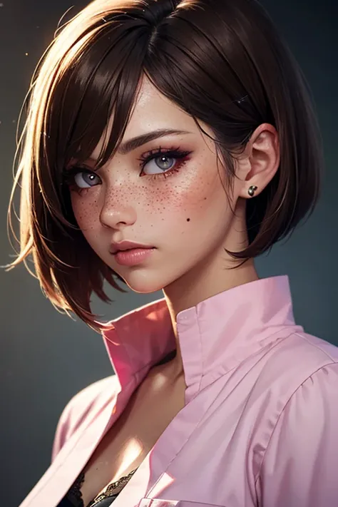 a beautiful woman with short straight mousey brown hair asymmetric bob, wearing burgundy scrubs, collar, dark eye shadow, mascara,  natural breasts, blushing, freckles, chubby, detailed face, photorealistic, 8k, high quality, masterpiece, digital painting,...