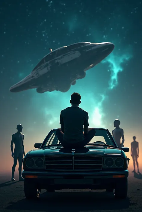 A man sitting on her car Bonet with midnight with space ship and aliens