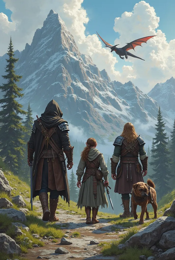 generate a realistic detailed picture of 3 characters and one dog, the first character is a male human thief with a long sword in one hand, some keys in the other, he is wearing leather armor and hood on his head. the second character is a smaller female e...