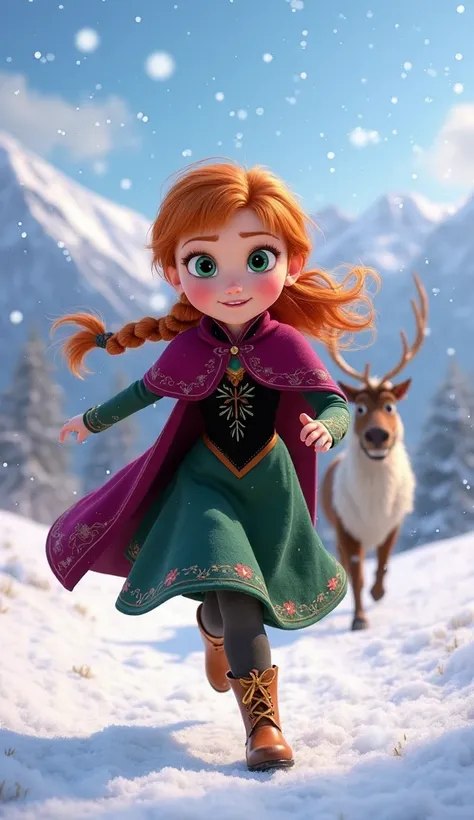 Anna runs with energy and enthusiasm through a snow-covered field, with mountains in the background and gently falling snowflakes. Her red braids sway with every movement, and her golden freckles stand out in the sunlight. She wears a warm dress in shades ...