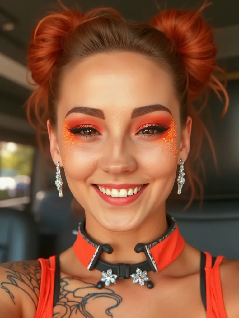 The girl laughs a lot, Bright orange makeup,  red hair,  Hair bun,  diamond earrings ,  collar