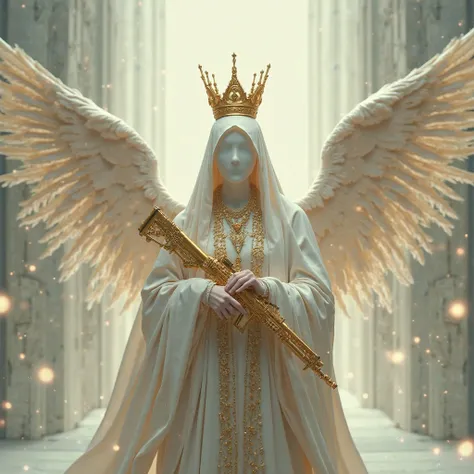 a man, Faceless , Azrael white outfits, hooded , golden crown, golden chain, with wing, golden assault rifle