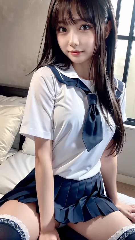 ((masterpiece, Highest quality, high resolution, ultra high definition)),  Japanese high school girl,(realistic:1.5)、smiles、great face、closed mouth、 sharp mouth、Glossy Lips 、long hair,(beautiful dark hair:1.5)、(( school uniform, White Short Sleeve Sailor S...