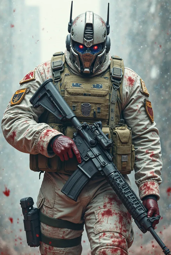 Soldier wearing an Optimus Prime mask wearing white camouflaged clothing with air15 rifle in his blood-stained hand celebrating 