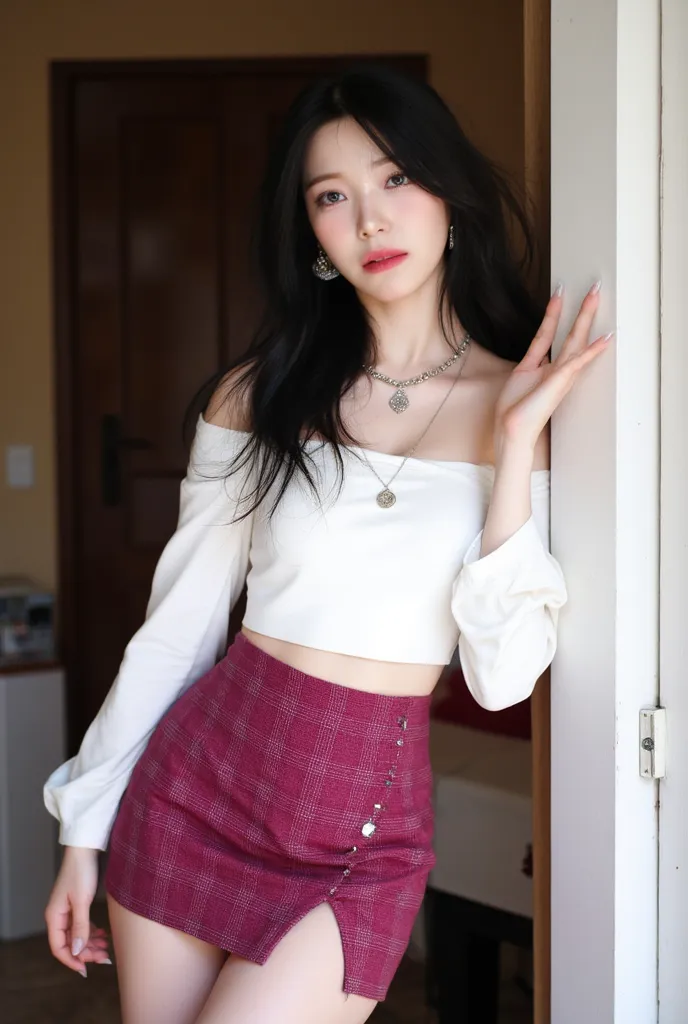 an 18-year-old beautiful and cute korean woman with a good figure, black long hair, beauty legs, Show legs , full body, and A-cup breasts , Earrings, watches, handbags, necklaces. She wears an off-the-shoulder, white top with long sleeves and a dark pink h...