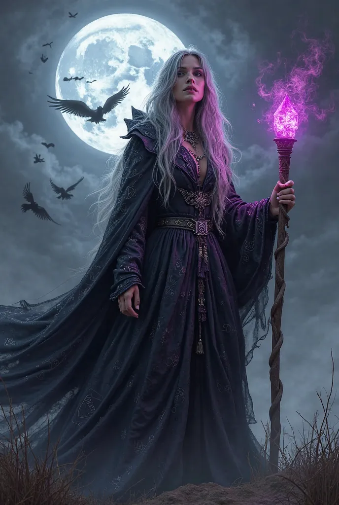 A witch with long silver hair, wearing a black cloak adorned with shiny runes. She holds a twisted wooden staff with a pulsating crystal at the tip. In the background, a full and bloody moon illuminates the cloudy sky, as winged creatures fly around.  dark...