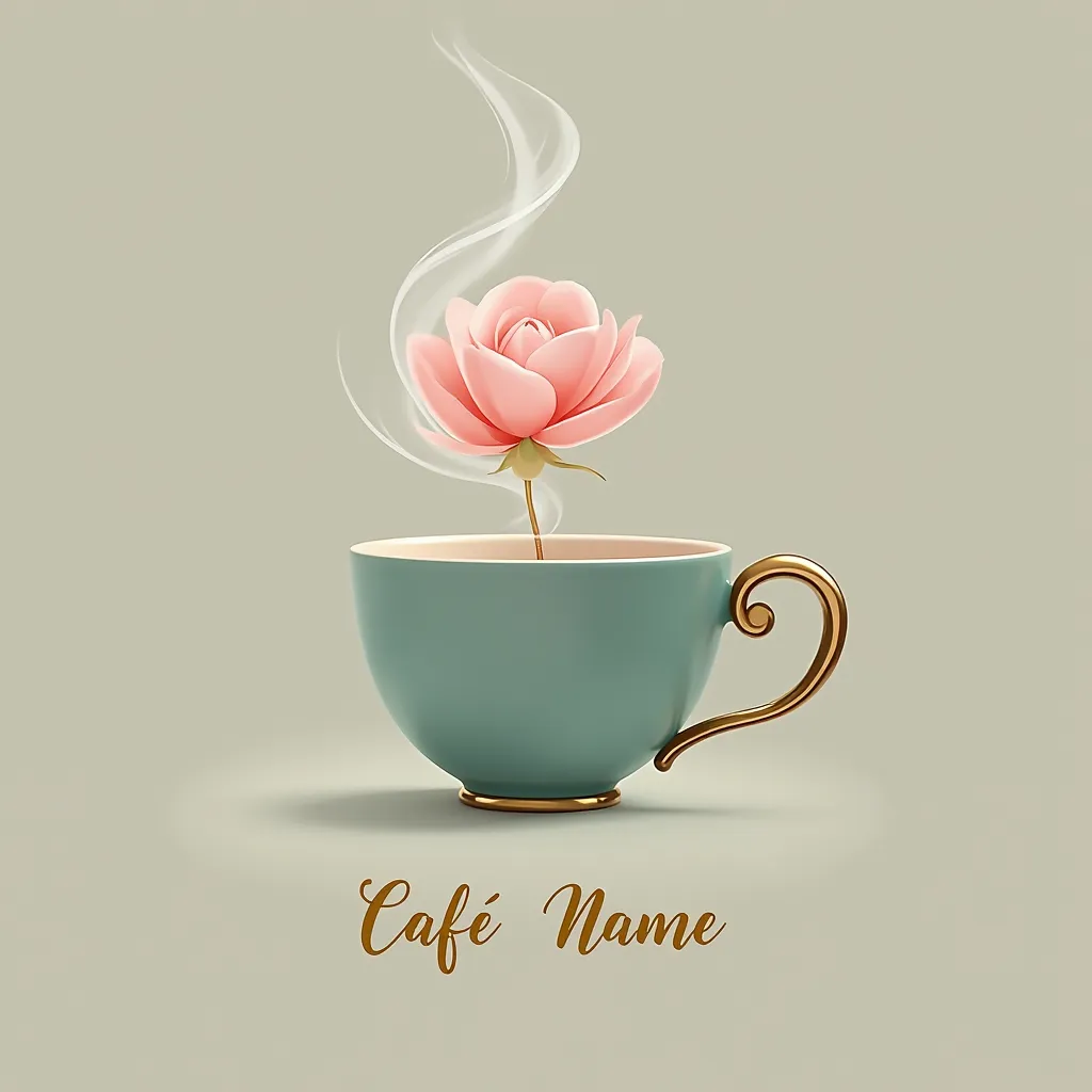 1. 
- Design: A minimalist cup with a silhouette that flows into a heart shape. Steam rises from the cup to form a delicate cloud in the shape of a flower.
- Colors: The base of the cup is a minty shade, the steam and flower are pastel pink, with gold acce...