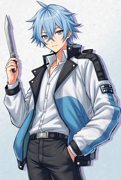 The hair color is light blue, and the hairstyle is half up in the center、Clothes are jackets based on white, black, and light blue、The pants are all black、Hold a combat knife in both hands、A silver circle on the frame 。The face is a handsome guy with an an...