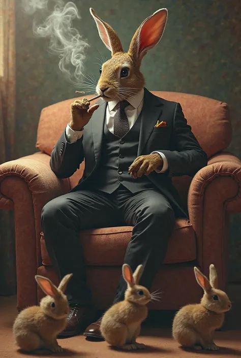 Bunny in a suit sitting on the couch smoking cigarettes meanwhile lots of rabbits at his feet paying attention 