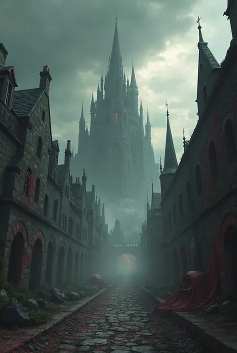 An abandoned medieval city, with ruined buildings and streets covered in fog. The sky is full of dark clouds and occasional rays illuminate the landscape. Grotesque creatures hide in the shadows, and a gigantic tower in the background emits an ominous ligh...