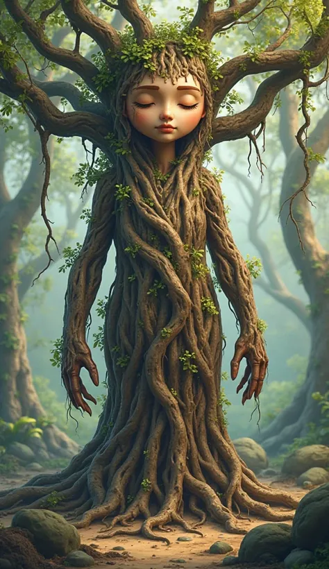 Cartoon art style

A massive tree-like sculpture of a motherly figure stands tall. Her entire body made of intertwining roots, branches, and vines. Her face is carved from smooth bark with closed eyes and delicate wooden features. Outgrown branches of tree...