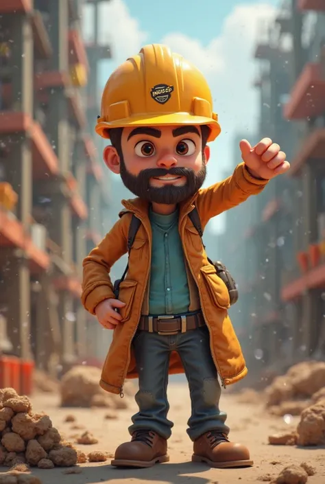 Animated image of a young civil engineer with a beard,  Pointing to the side, Put the name INGESP on the helmet.