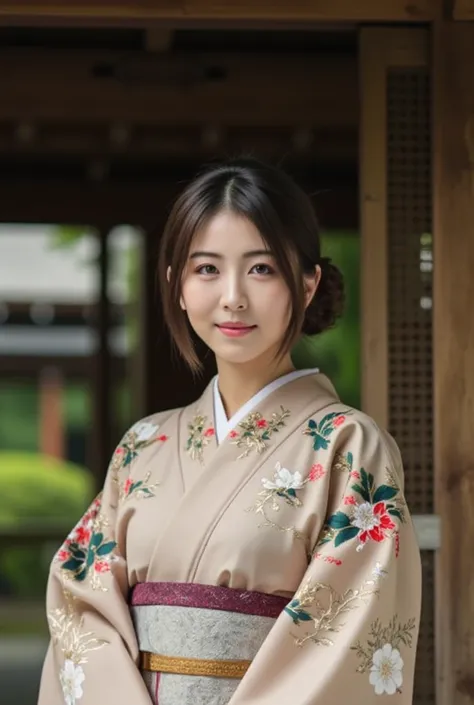 A Japanese woman in a intricate complex embroideried kimono smiling warmly in front of a traditional Japanese temple. The background features a wooden gate and a lush green garden, creating a serene atmosphere. The woman is wearing a modest, neutral-colore...