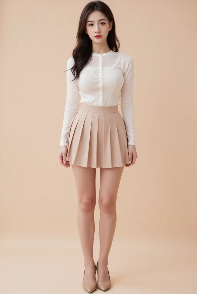 jiaopian, a young woman in pantyhose, 30 years old, skin color stockings, flesh color stockings, pleated skirt, fair skin, standing, wearing small leather shoes, front, full body photo, centered composition, Macaroon color matching background