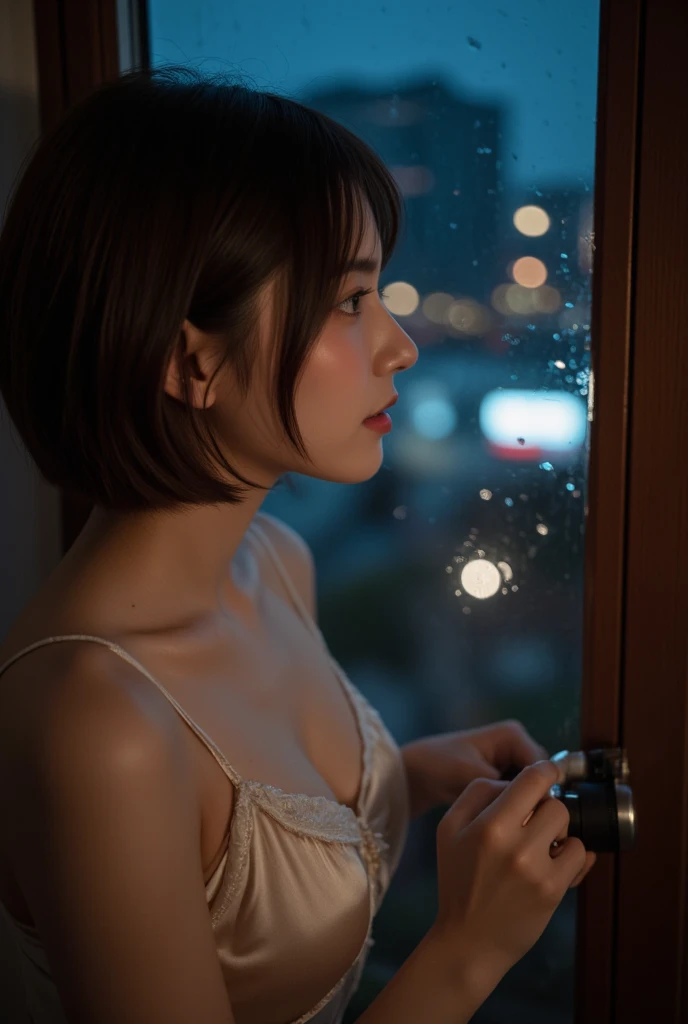 A photograph in a dimly lit room at night and a 26 years old slender woman with light brown short hair is looking at town through the rainy window and putting on silk night gown. (amateur photography: 1.2), (the city lights reflecting off the rain-streaked...