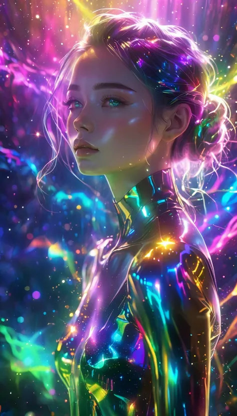 Highlights the overall rainbow colors  ,Iridescent、 Mysterious Artwork Drawn with Strange Techniques , starry sky, tall and beautiful work of art,  Delicate Dynamic Texture  , contrast between light and shadow, Graphic CG Digital Art ,  super precise, Abso...