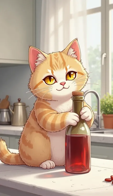 Please draw a scene of a cat sitting on a white table with yellow eyes. The cat holds the bottle of wine with one hand, It looks like they are picking the lid with the other hand.. the cat has a slightly focused expression and, is a clean, modern space. it...