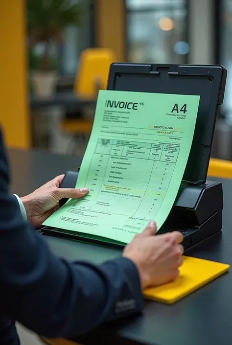 A realistic scene showing a person placing a green A4 invoice (with unreadable text) onto a flatbed scanner. The workspace is modern and sleek, with a focus on black and yellow tones. The scanner has a glossy black surface, and the desk features yellow acc...