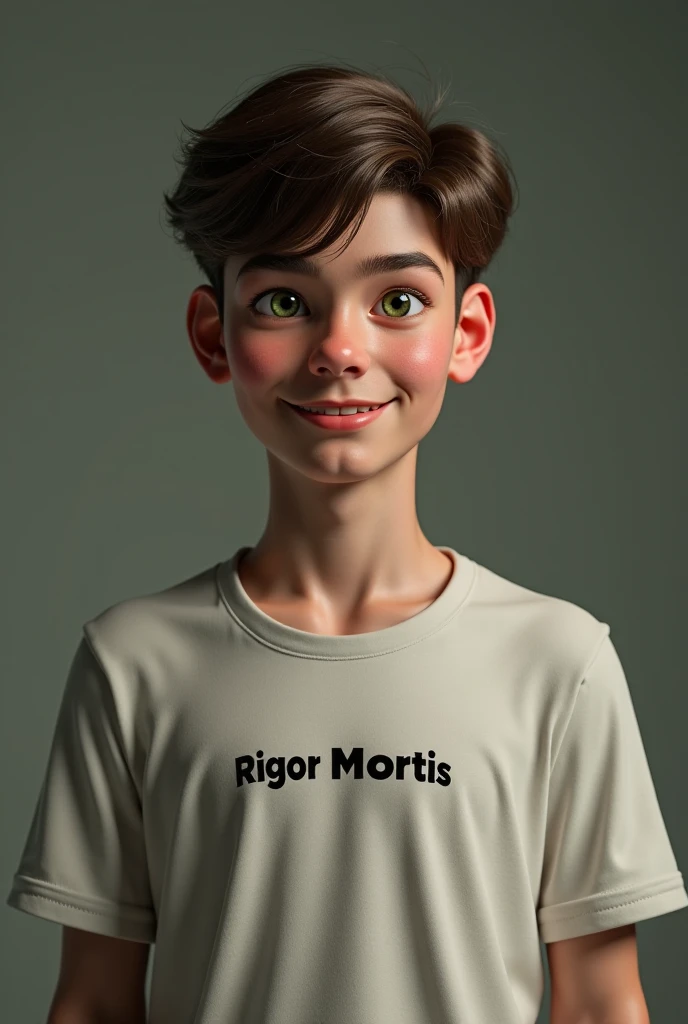 Realistic face of a 20-year-old boy named Rigor Mortis, Put the name Rigor Mortis on the t-shirt, The face must be normal without using science fiction