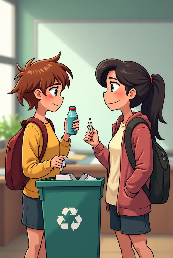 Panel 1: Introduction

Scene: A classroom during break time. Ana is about to throw a plastic bottle in the trash, but Ben stops her.
Dialogue:

Ben: "Wait, Ana! You should put that in the recycling bin instead."
Ana: "Does it really matter? It’s just one b...