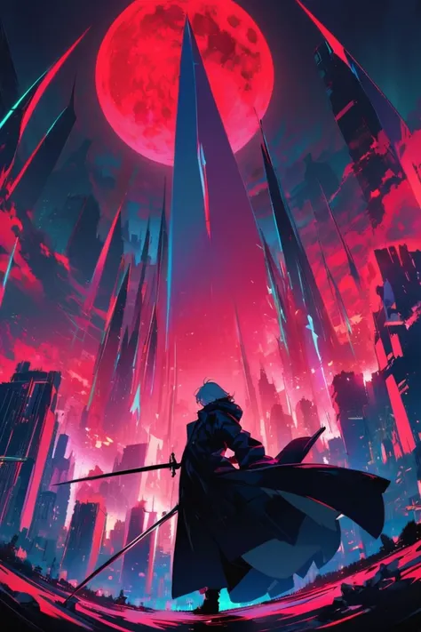 dynamic scene, with a full moon scene in the background, illuminated by a red light, neon tones, with several black swords pointed downwards, rotating the swords, surrounding the city sky, long swords of symmetrical size, while, a single man, wearing a coa...