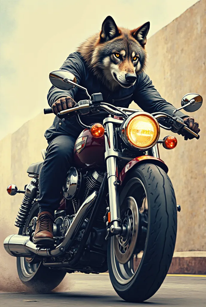 A simple picture of a wolf riding a motorcycle on the wall 