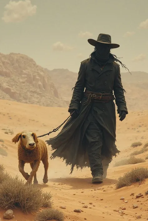 A man in a big black overcoat and a hat who covers your eyes walking in a desert pulling his tortilla horse 