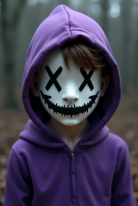 A boy in a purple hoodie with a hood on his head then wearing a white mask with 2 x instead of eyes and a wide smile then a tuft of brown hair comes out of the sweatshirt