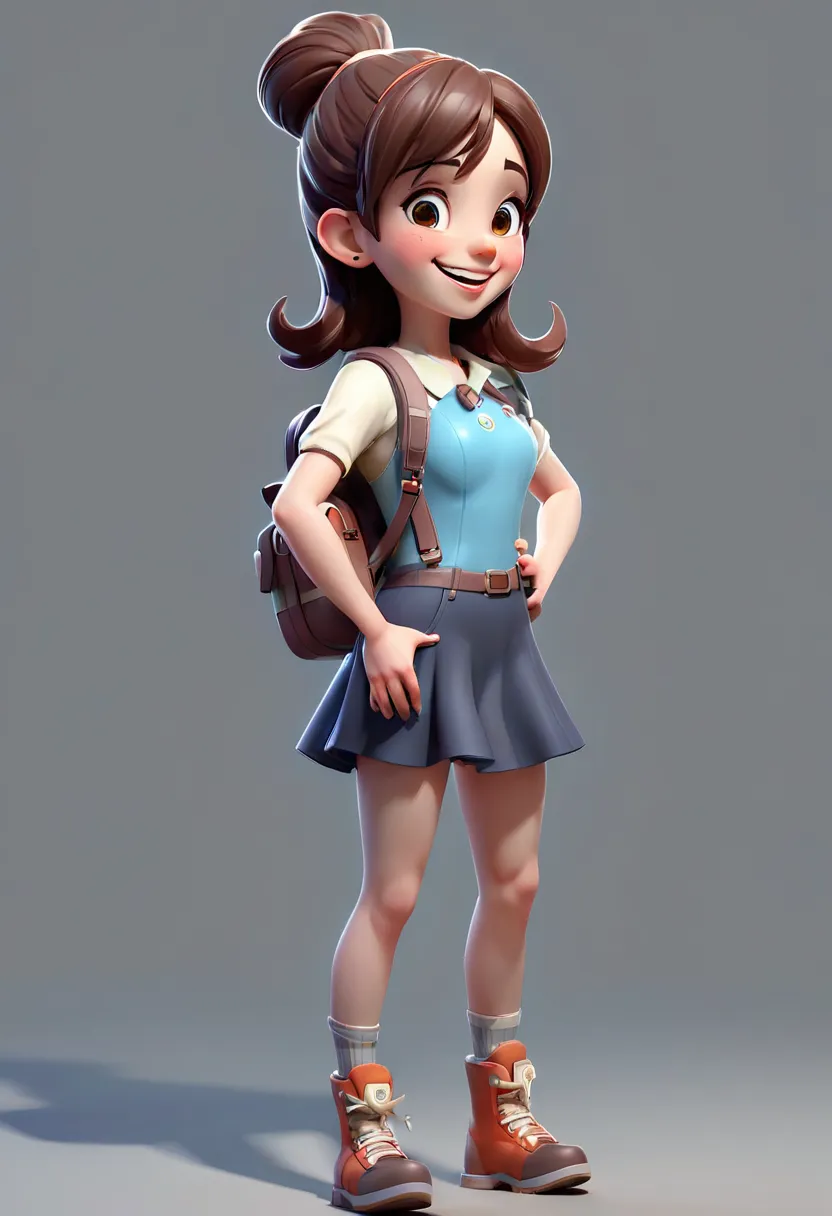 Two head height ratio，one Q version standing girl，full body，3d，character design， happy and happy ，Girl standing with camera sense，High degree of completion，full body，Multiple angles，  front view，Right side view ，  left side view  ，rear view，Multi-dynamic，M...