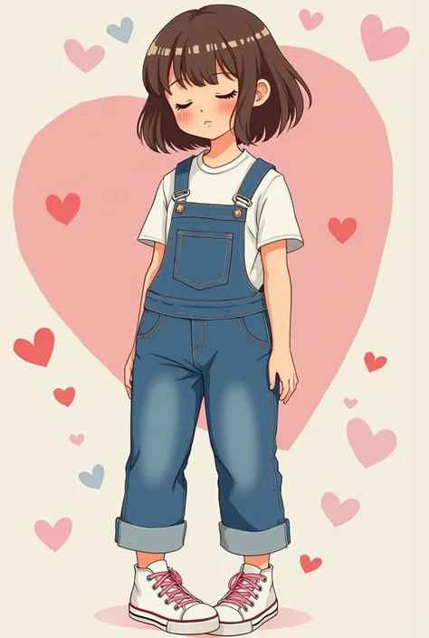 Enchanting and delicate book style a girl,short brown hair.Closed eyes and trace-shaped mouth, quiet expression, WEARING A DENIM BOX ,delicate white t-shirt, white all star sneakers with pink laces,background with pink and blue hearts 