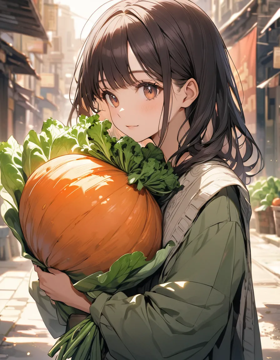 A woman holding a big vegetable