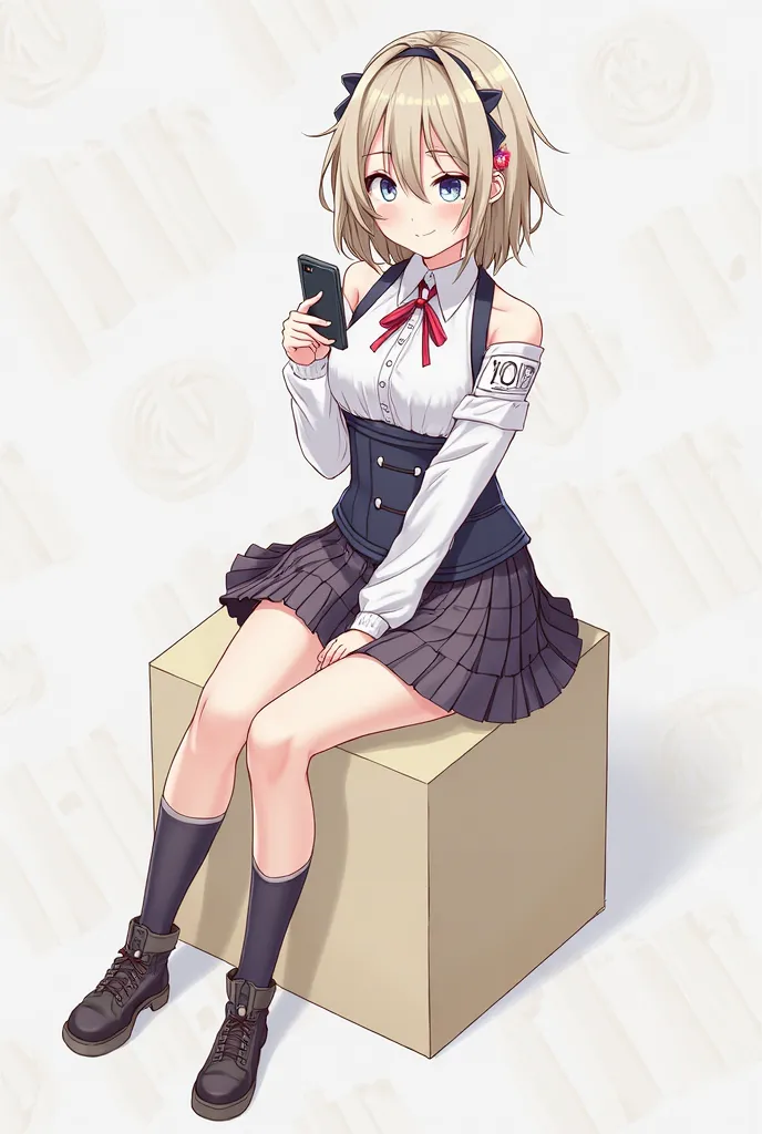 anime girl sitting on a box，Lift your legs， holding a phone , Illustration by Shitao, pixiv, Shorthand, (SFW) Work,  Fine Details . Girls Frontline, from Girls Frontline, On pixiv, anime girl, Electronic Girl, Electronic Girl, Edge, Full body entrustment, ...