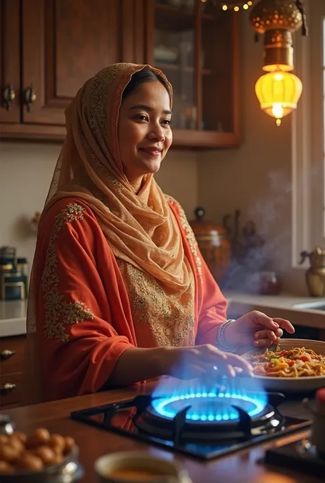 Need to create an image for Ramadan wish ad from a gas stove brand. 

One Bangladeshi  women enjoying  ramadan cooking with gas stove blue flame  with islamic Religious cloth at kitchen 

Please make image for Facebook ad  size & share

