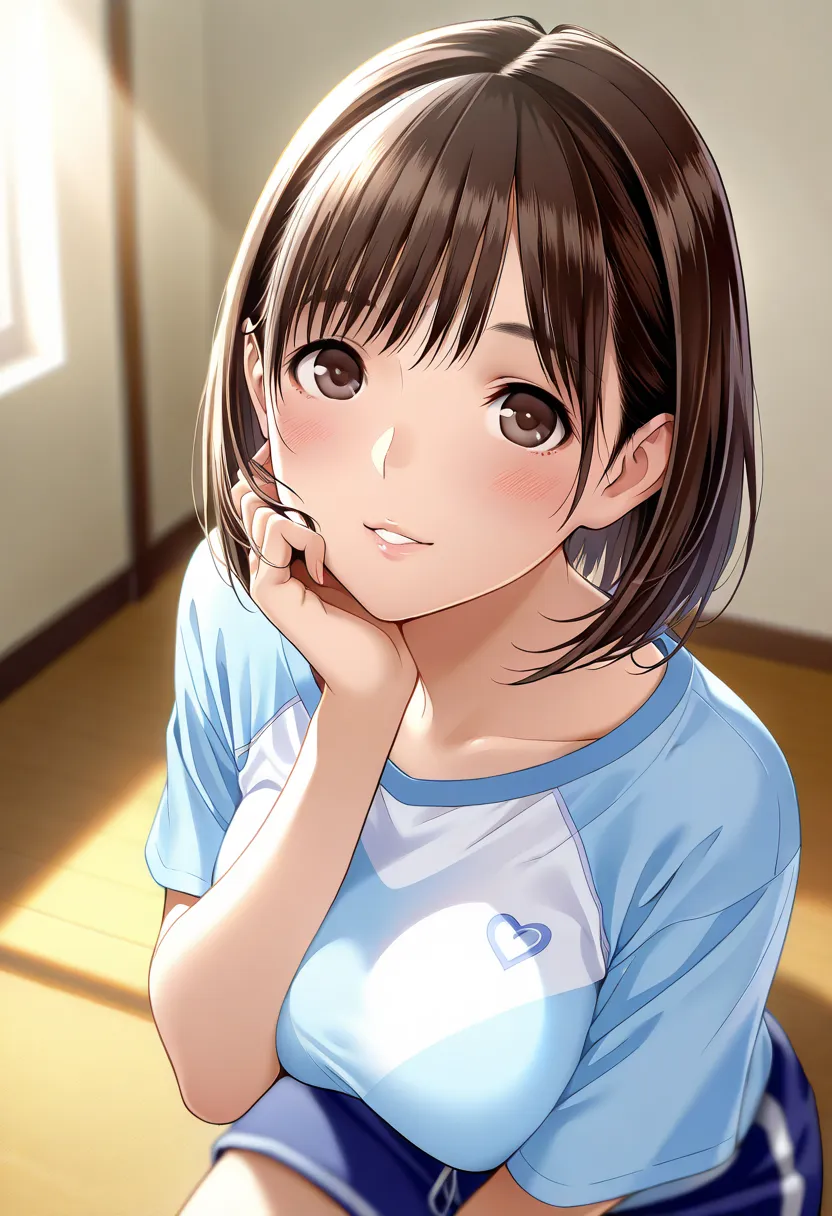 : “Masterpiece, best quality, blurred background, depth of field, portrait:1.3,official art, wallpaper, absurdres, beautiful detailed face, detailed texture, detailed skin,BREAK 1girl,Nene Anegasaki, love plus,source_love plus, shirt,shorts,room
