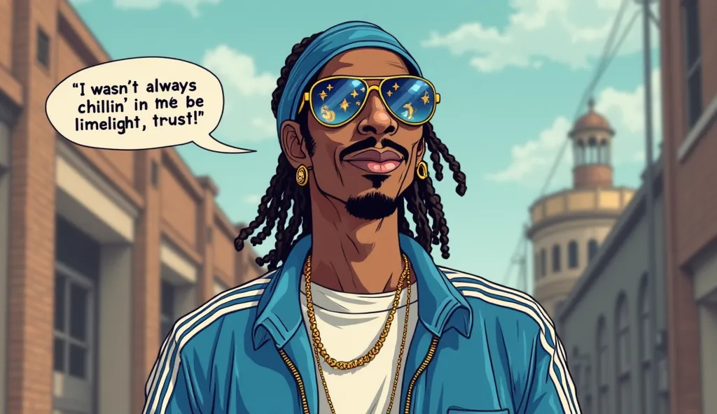 The model is wearing glass sunglasses with stars and the moon on the glass
CharacterName: Snoop Dogg
Appearance: Tall, slim, with Snoop's signature laid-back style.
Expression: Confident, smooth, with a relaxed grin.
Clothing: Blue-and-white tracksuit, ban...