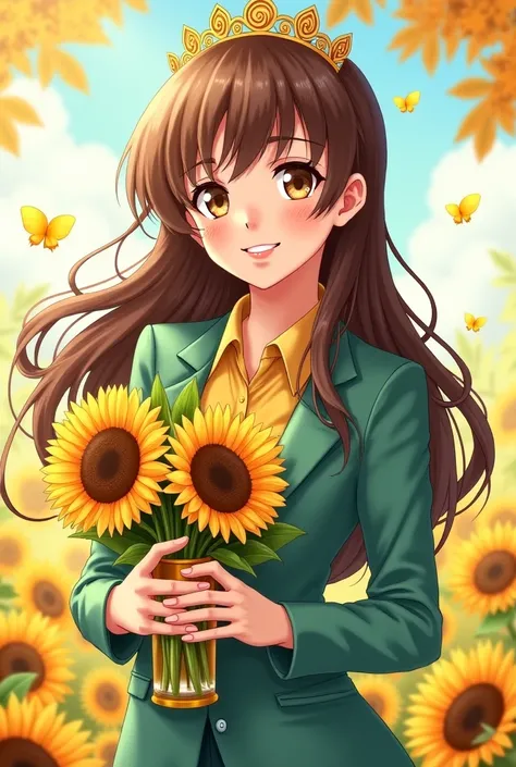 Create an anime-style girl with curly long brown hair, The brown eyes , wearing a bay crown,  a light green suit , a golden shirt, smiles and holds a vase of sunflowers by Van Gogh