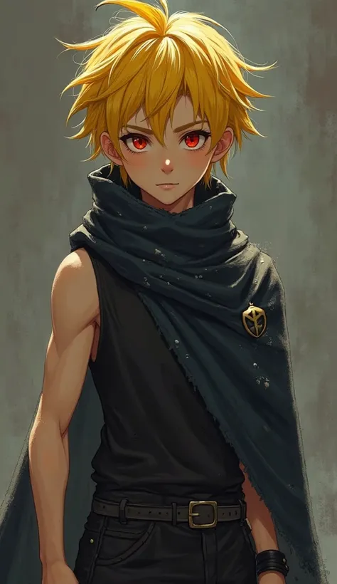 Realistic and cinematic style, A boy of approximately , with a calm and serene expression. His hair is straight, messy and yellow, matching his yellow eyebrows. His eyes are scarlet red, conveying an intense and striking look. He has a well-defined physiqu...