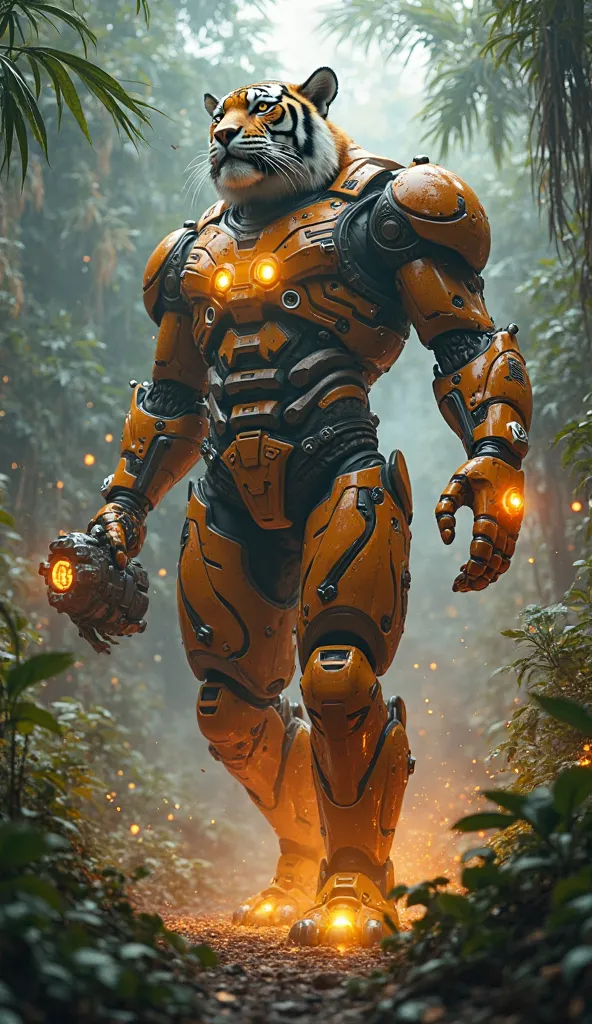 "A hyper-realistic, cinematic depiction of a giant humanoid 'TIGER' standing fully upright, exuding strength and dominance. The colossal being, 100x enhanced, towers over the environment with powerful limbs and glowing 'GOLDEN' eyes. Its posture is fully e...