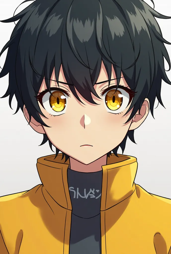 Animeboy in high school yellow jacket black hair and yellow eye