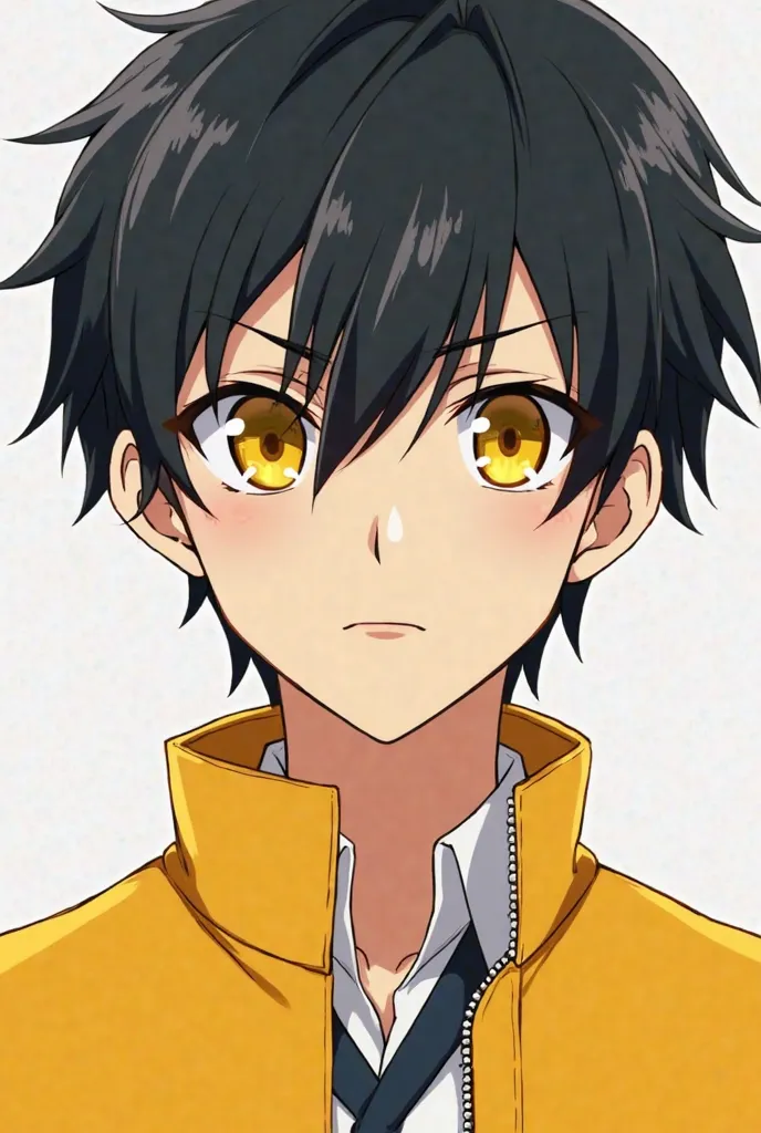 Animeboy in high school yellow jacket black hair and yellow eye