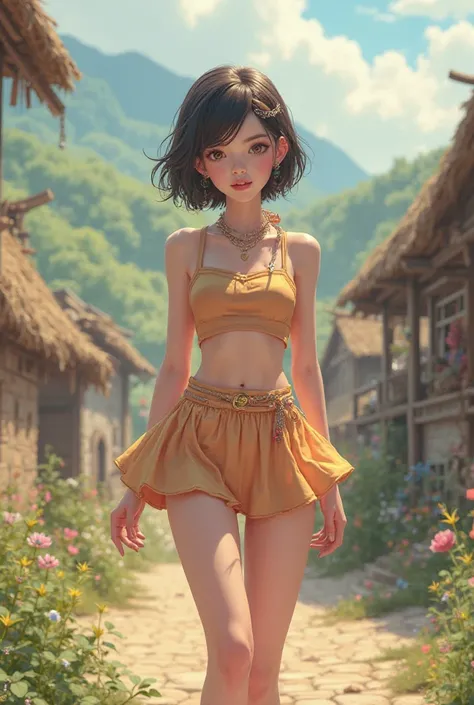 A village girl wearing a mini skirt and crop top, and have pale skin