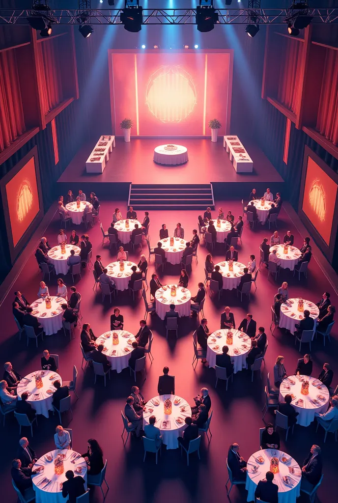 Layout Arrangements of 17 round tables and chairs, 1 big rectangular table for foods, and stage. 