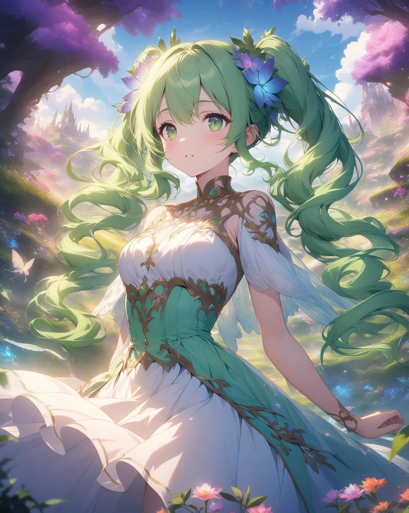 1 girl, solo, twin tails, high resolution, details,  long hair,  green hair, fantastic world, fairy tale, beautiful, 16k, wallpaper,  from waist to head, beautiful顔